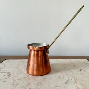 Vintage Small Turkish Copper Coffee Pot Embossed Brass Handle Pour Spout Rustic